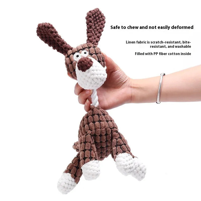 Assortment of bite-resistant plush pet toys including a donkey, a rechargeable duck, and animal companions.