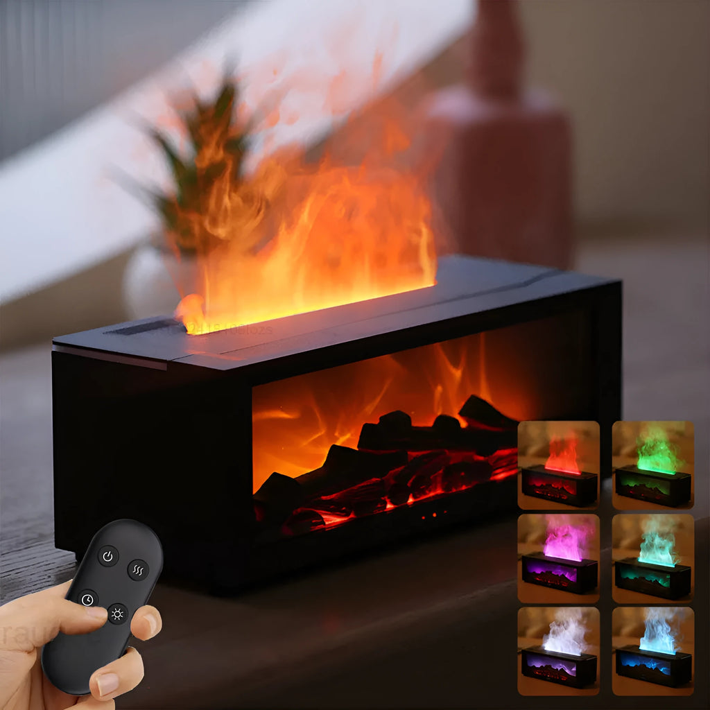 Square desktop flame aromatherapy diffuser with realistic fire effect and 7-colour mood light base.