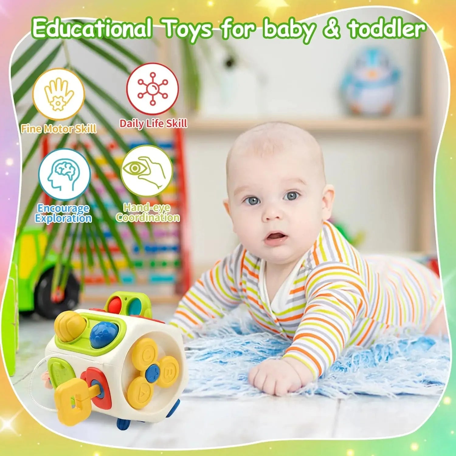 9 in 1 busy cube Montessori sensory toy for toddlers, eight-sided ball design, plastic educational fidget board