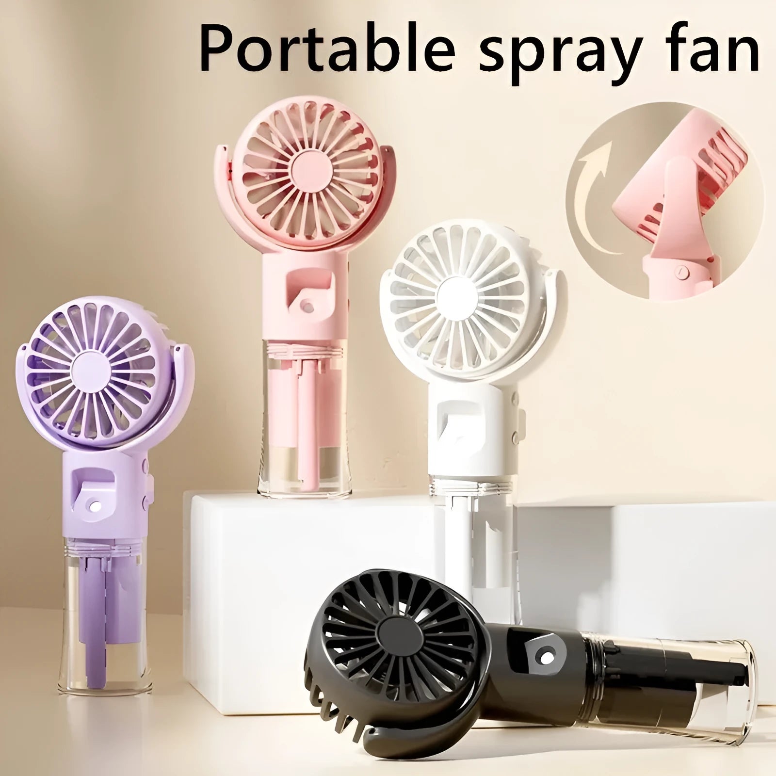 Handheld misting fan with transparent water tank showing multiple colour options including black, white, and pink