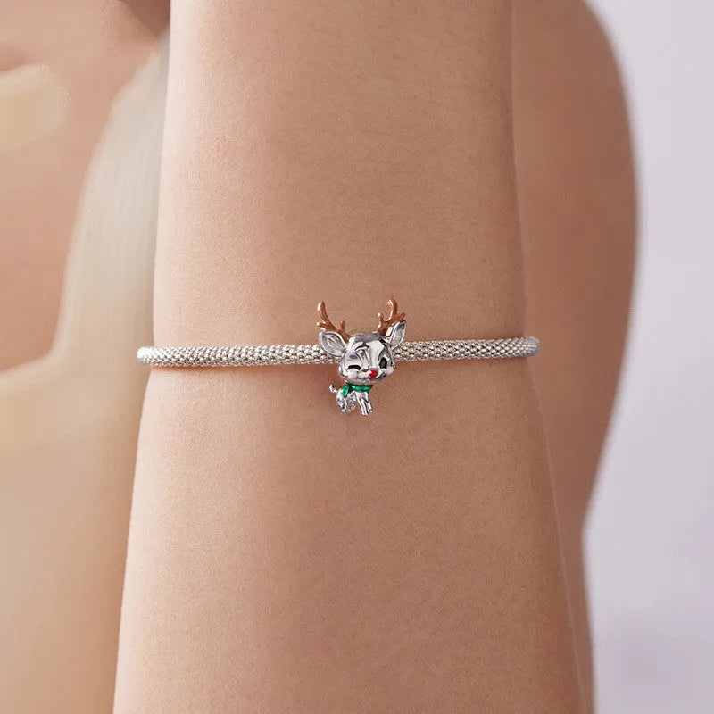 Silver S925 sterling silver bead charm with elk design, 1.7cm tall, on white background