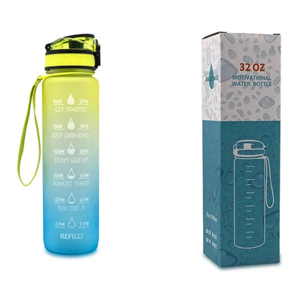 Blue-red gradient 1L Tritan water bottle with time markers and flip-top lid on a gym bag