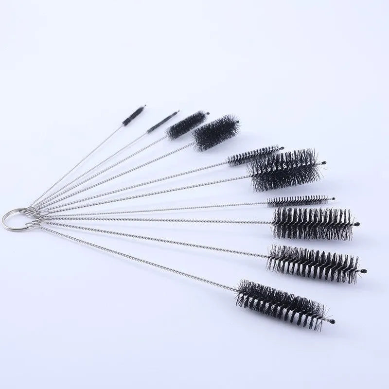 Set of long, thin stainless steel and nylon straw cleaning brushes for bottles.