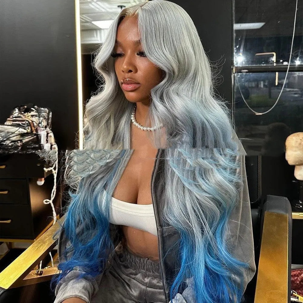 Gradient blue and grey human hair lace front wig in Ruili style on a mannequin head