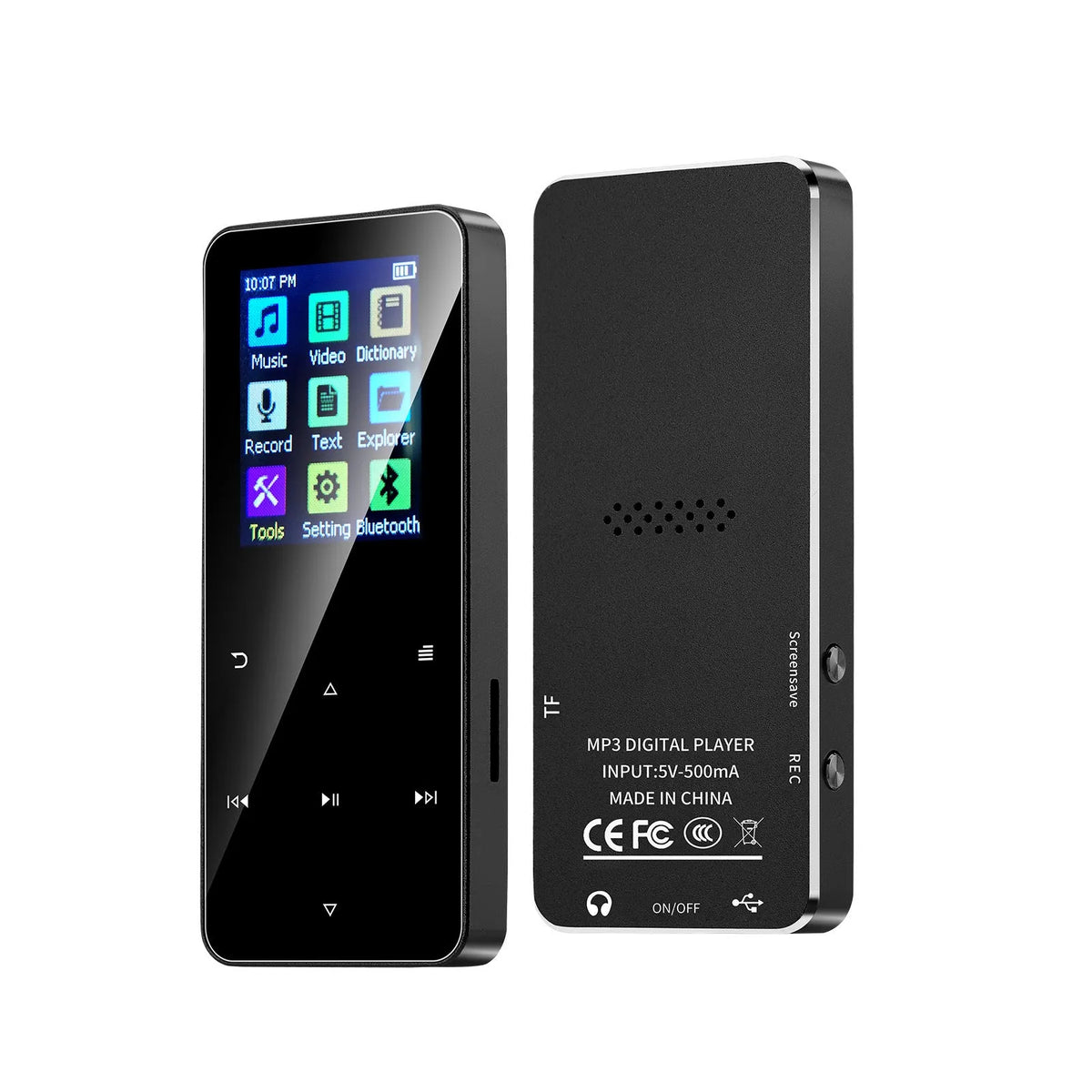 Walkman student version Bluetooth player with 1.8 inch screen, touch buttons, 9 x 4 x 1cm body, black silver blue pink