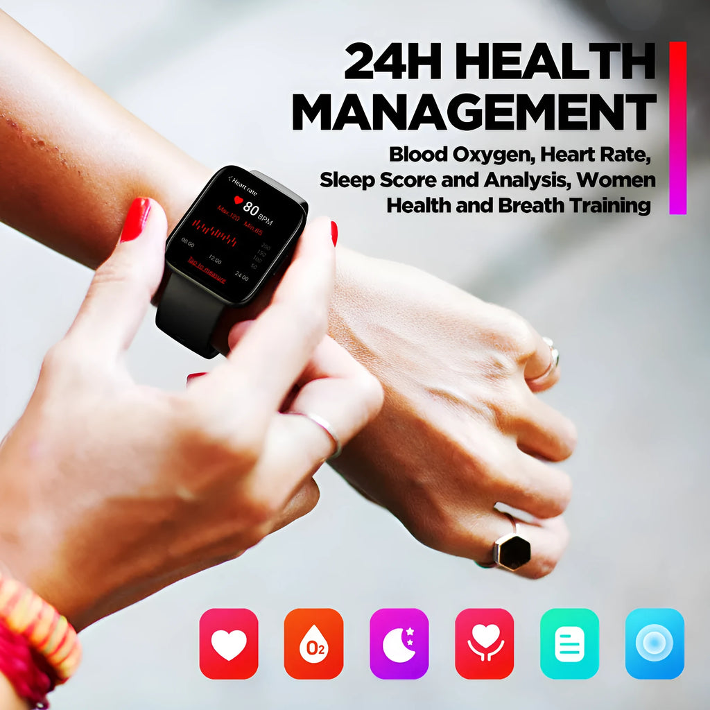 Black GPS smart watch with rubber strap and 1.78-inch LCD display on wrist.