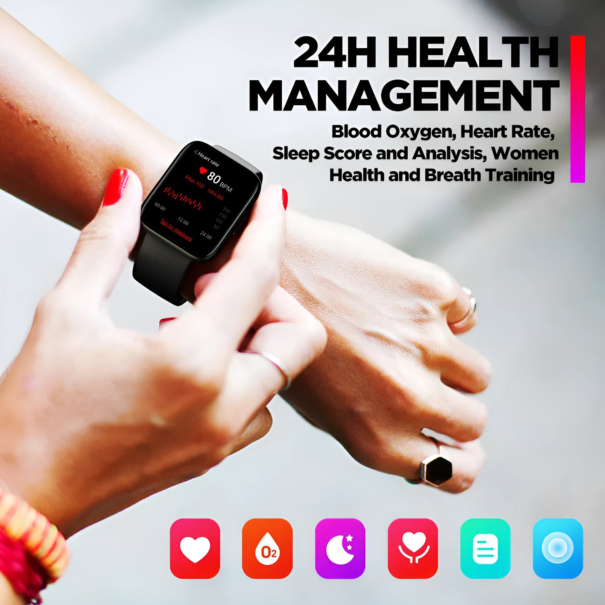 Black GPS smart watch with rubber strap and 1.78-inch LCD display on wrist.