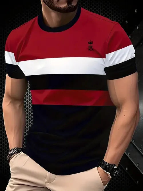 Men's loose fit casual polyester T-shirt in various colours on a size chart background