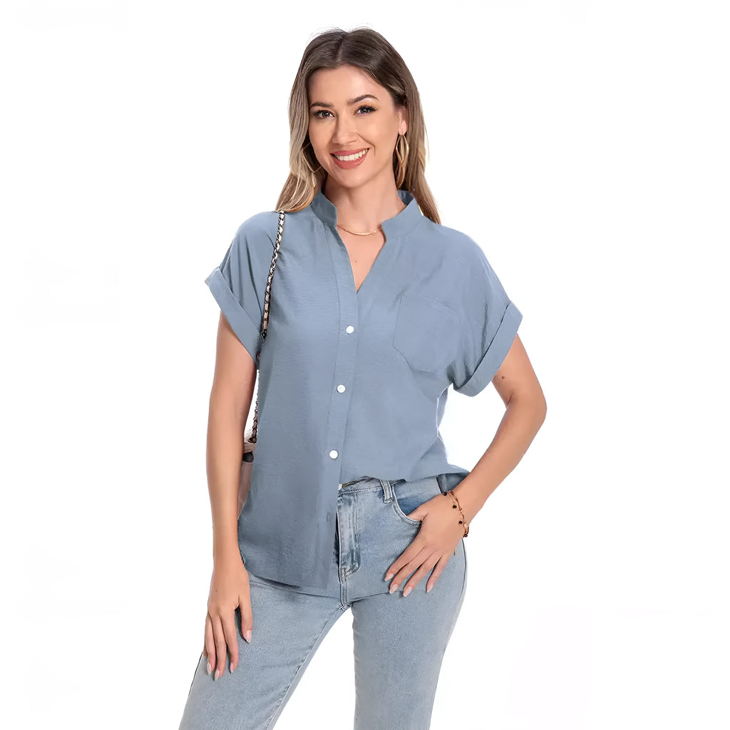 Women's loose fit short sleeve summer top with stand collar and button front in Army Green.