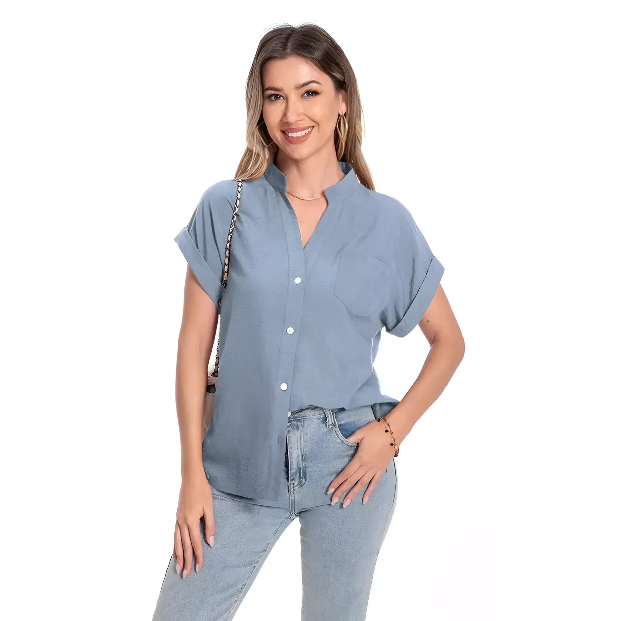 Women's loose fit short sleeve summer top with stand collar and button front in Army Green.