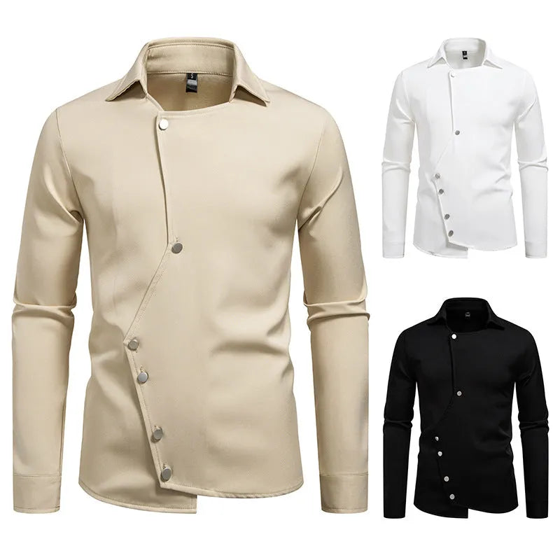 Men's long-sleeved polyester slim fit cardigan shirt in white, black, and khaki colours