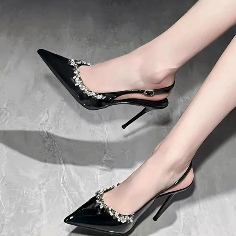 Rhinestone trim solid colour mid heel stiletto high heels for women black 7cm cut