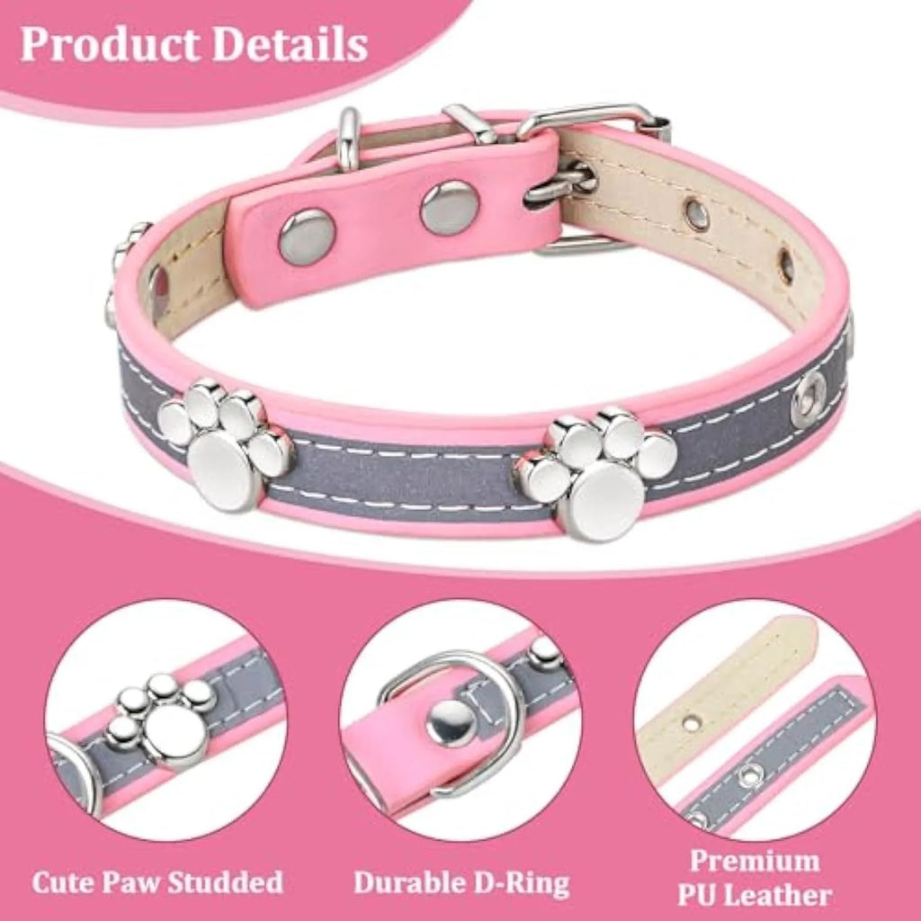Reflective adjustable PU leather dog collar with metal buckle and decorative paw rivet.