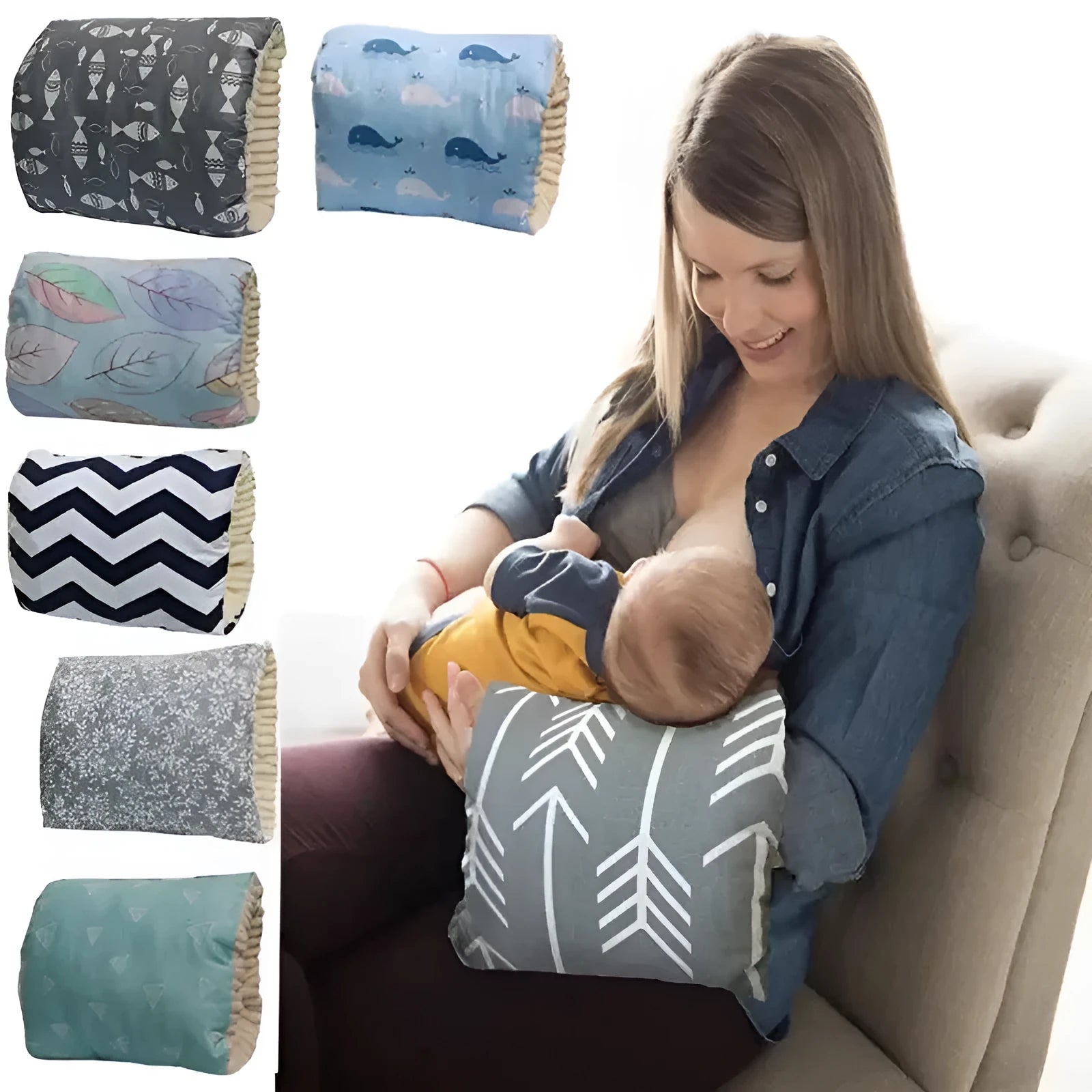 Adjustable cotton nursing arm pillow for breastfeeding support in blue triangle colour, 25x23cm, machine washable