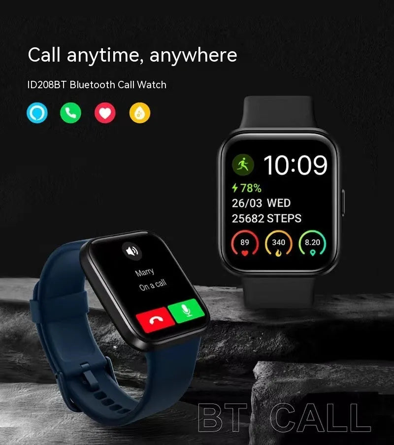 Smart watch with colour touch screen displaying health stats, shown in black, pink, blue, and green colour options.