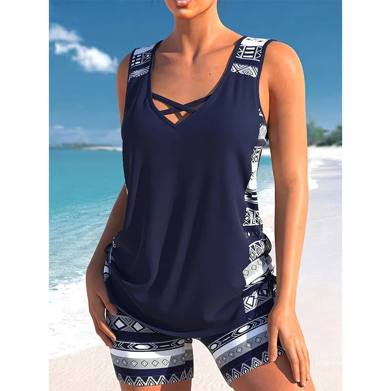 Women's split swimsuit, sleeveless polyester two-piece with briefs style, sizes S to XXL