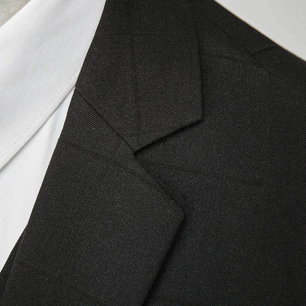 Men's navy blue slim fit three-piece suit with jacket, vest, and trousers on hanger