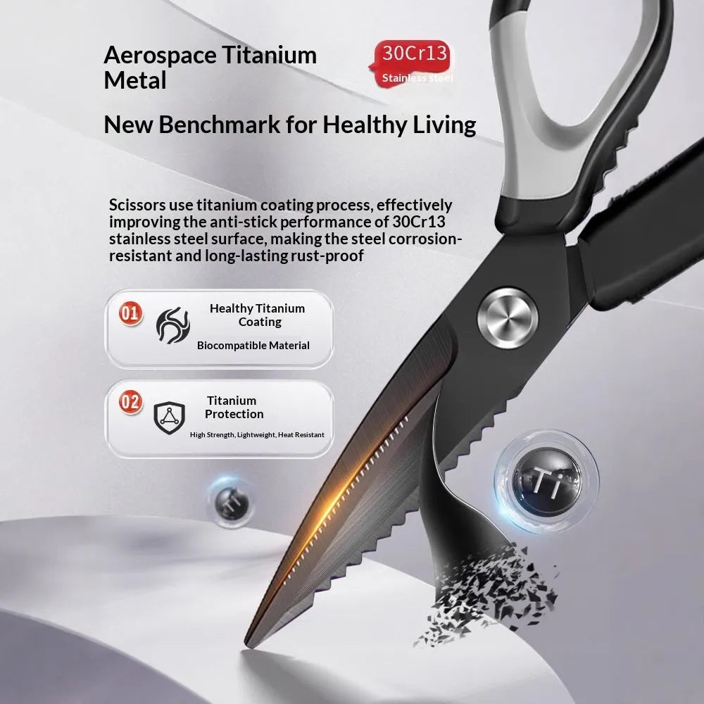 Large titanium-plated stainless steel kitchen scissors with double anti-rust protection for barbecue and home use.