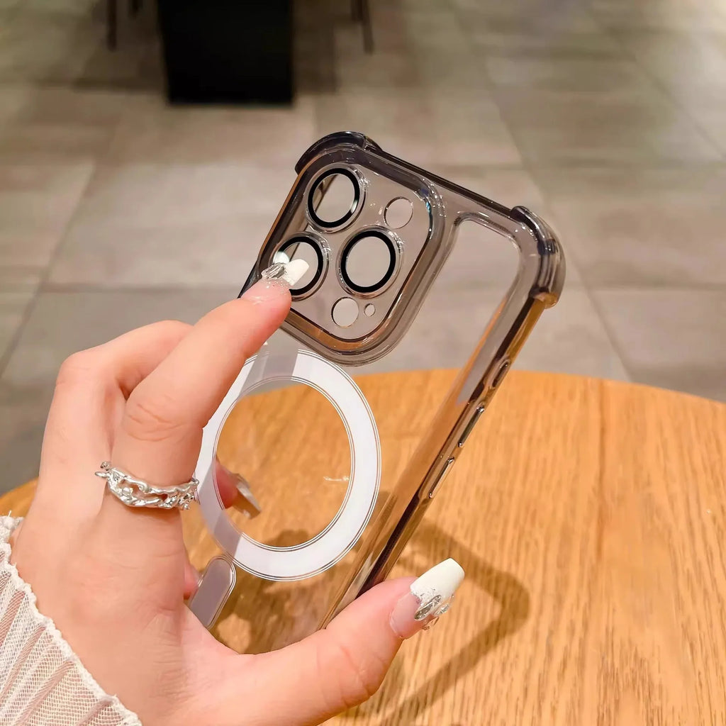 Transparent airbag silicone phone case with magnetic suction and lens protection for iPhone models
