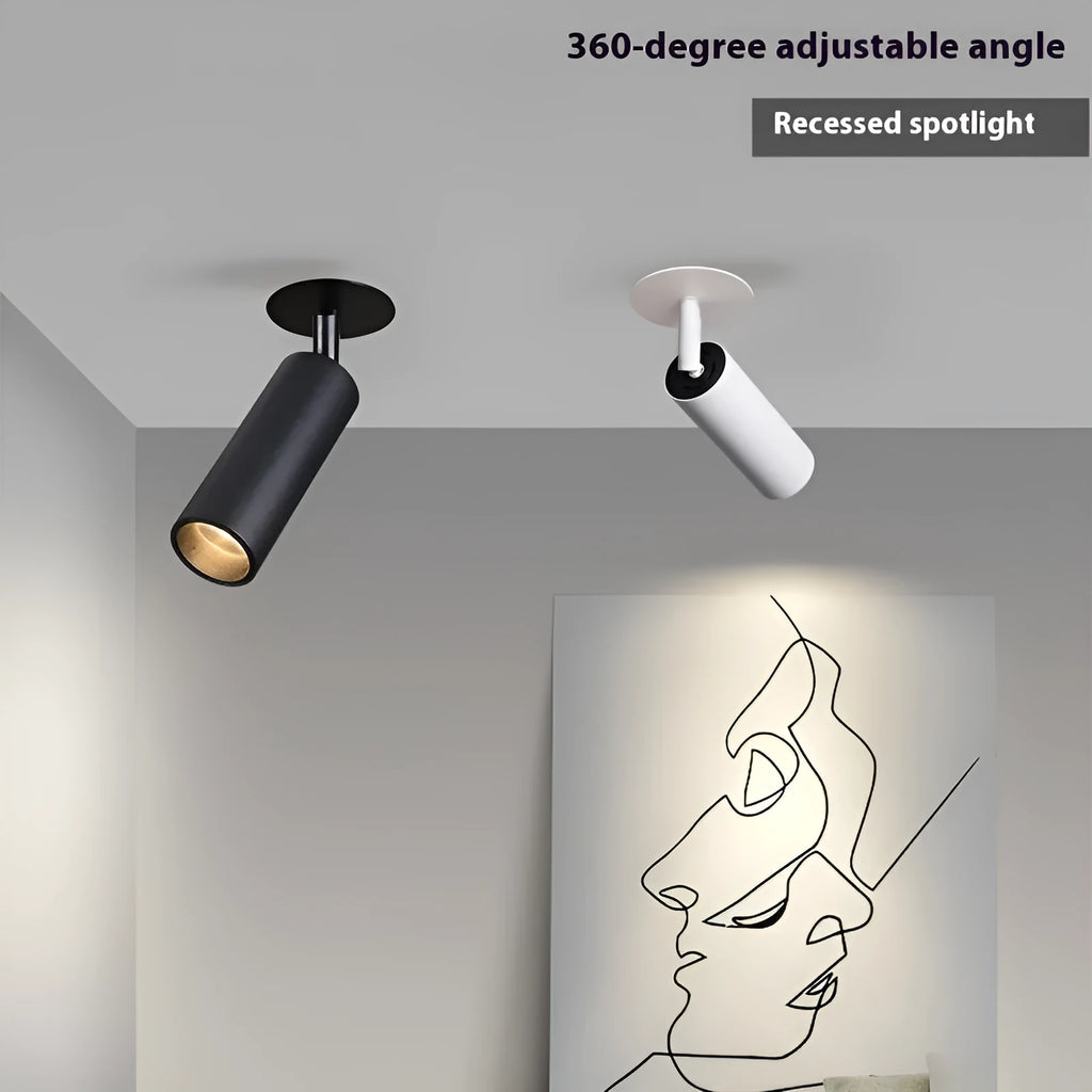 Black and white aluminium cylinder recessed track spotlight for ceiling installation