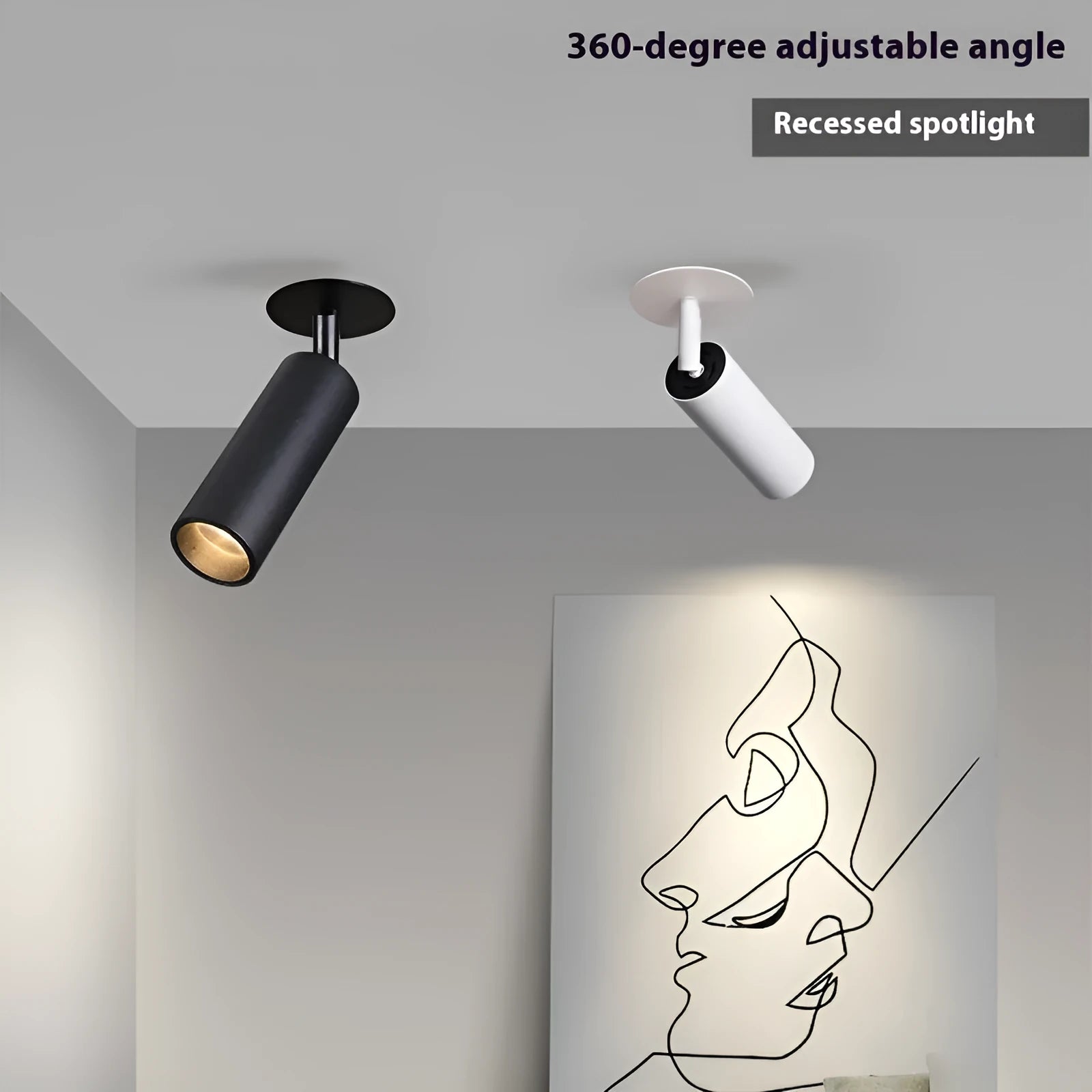 Black and white aluminium cylinder recessed track spotlight for ceiling installation