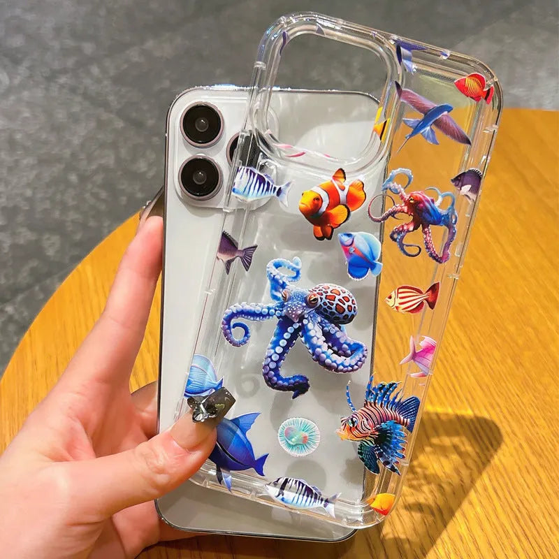 TPU transparent phone case with airbag corners and marine animal artwork for Apple iPhone