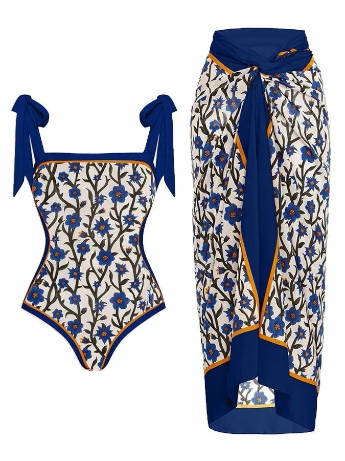 Women's printed chiffon swimsuit with hip skirt in floral pattern