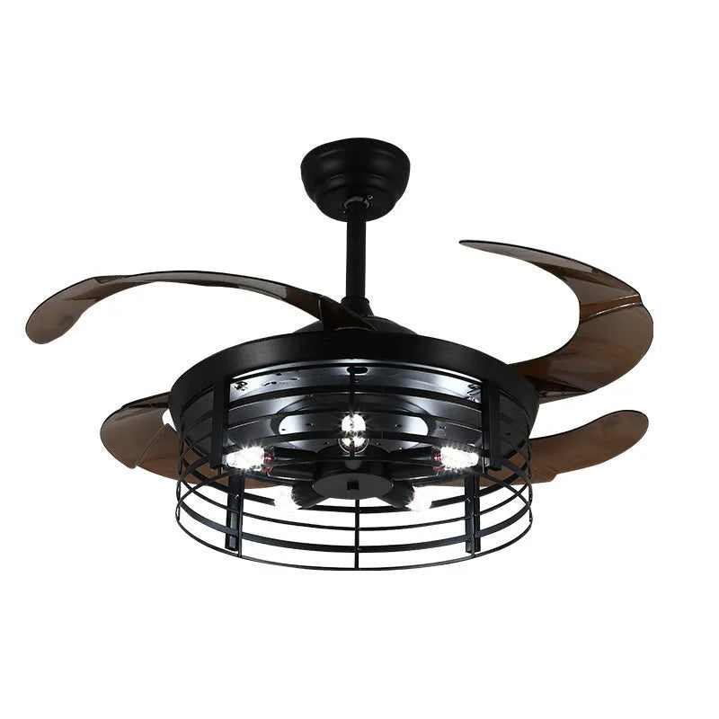 American retro style ceiling fan lamp with invisible retractable blades and acrylic shade, remote control on side.
