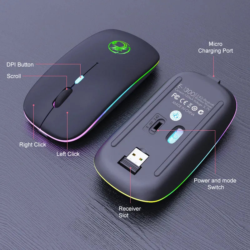 Black or white luminous charging dual-mode silent wireless mouse on a desk next to a laptop, showing its compact 112x57x25mm size.