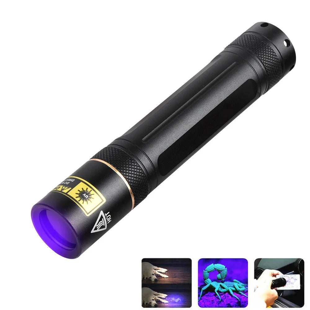Black aluminium alloy handheld UV flashlight emitting 365nm ultraviolet light for detection tasks.