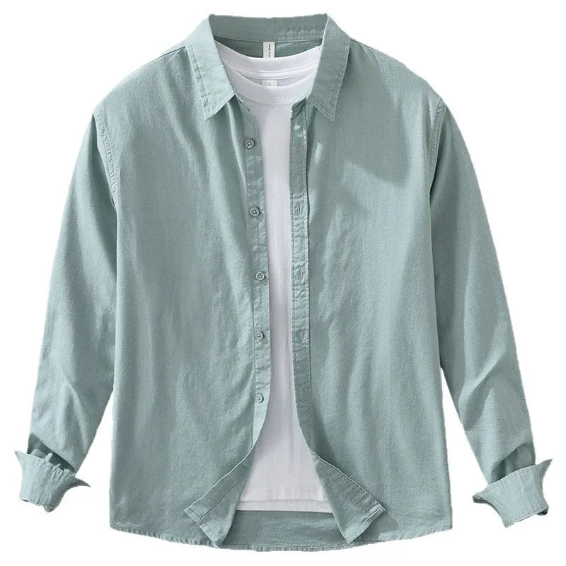 Men's Japanese cotton linen long sleeve loose cardigan blouse in light green