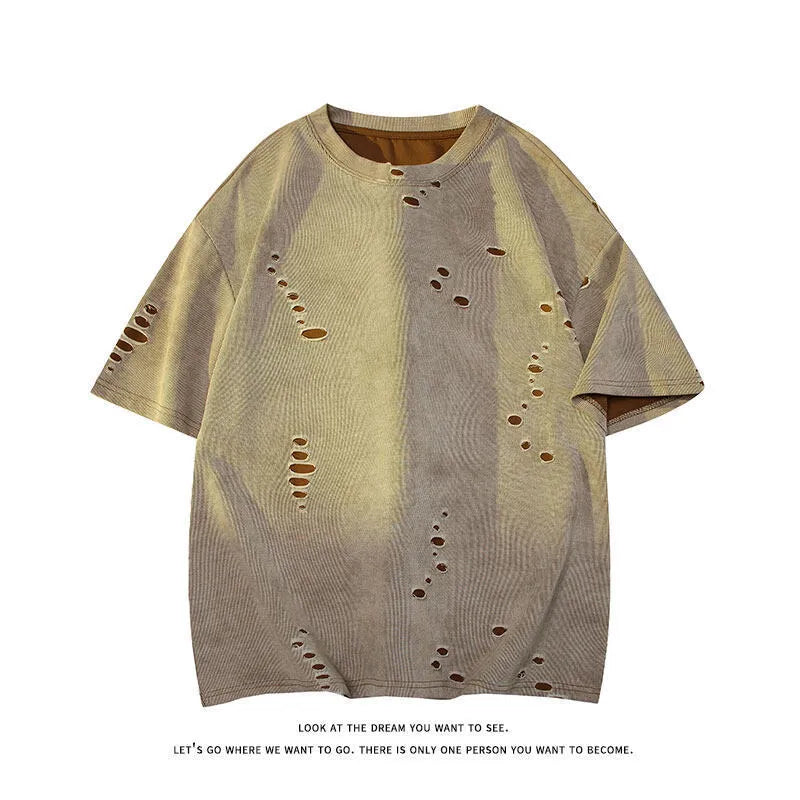 Men's grey ripped short sleeve t-shirt with loose fit design