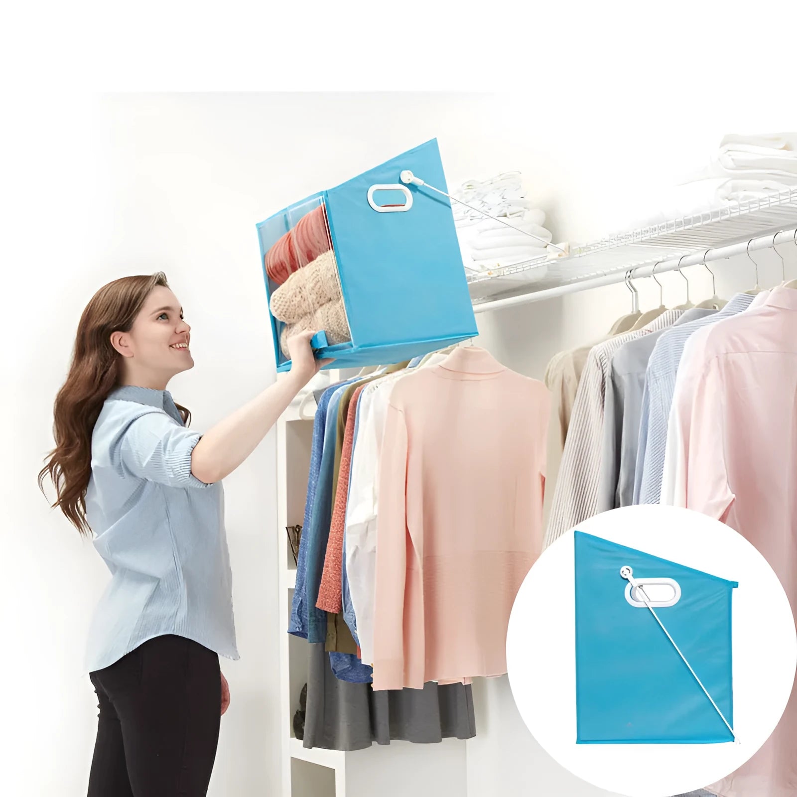 Blue folding detachable storage basket with clear front panel on a shelf, showing lift-up rod.