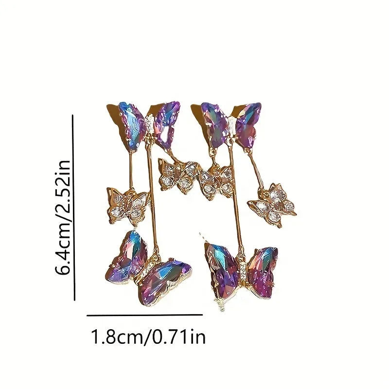 Silver Needle Crystal Flowers Butterfly Tassel Earrings in blue purple with a 5.5cm drop on a hypoallergenic alloy post.