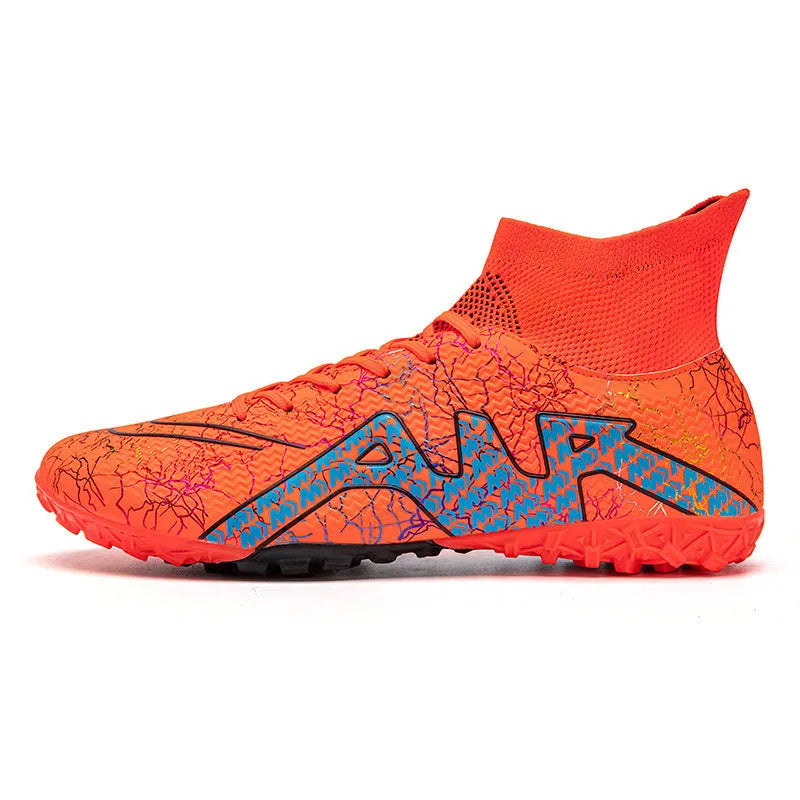 High-top soccer spike shoes with non-slip rubber outsole in black gold colour option