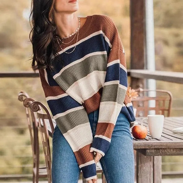 Brown contrast colour knitted sweater female loose fit long sleeve pullover top