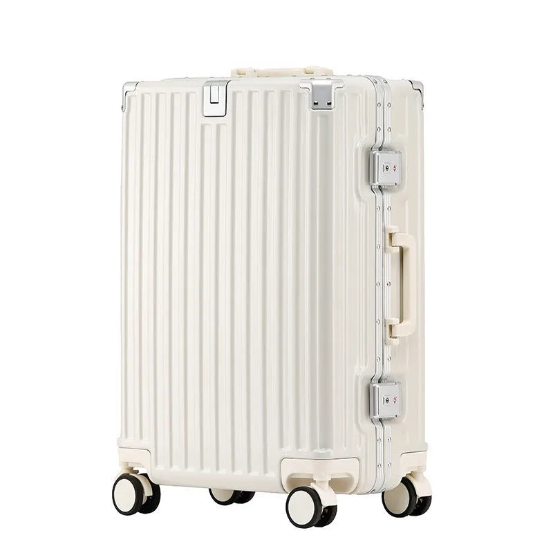 Aluminium frame trolley suitcase in avocado green with multi-functional pockets and USB port.