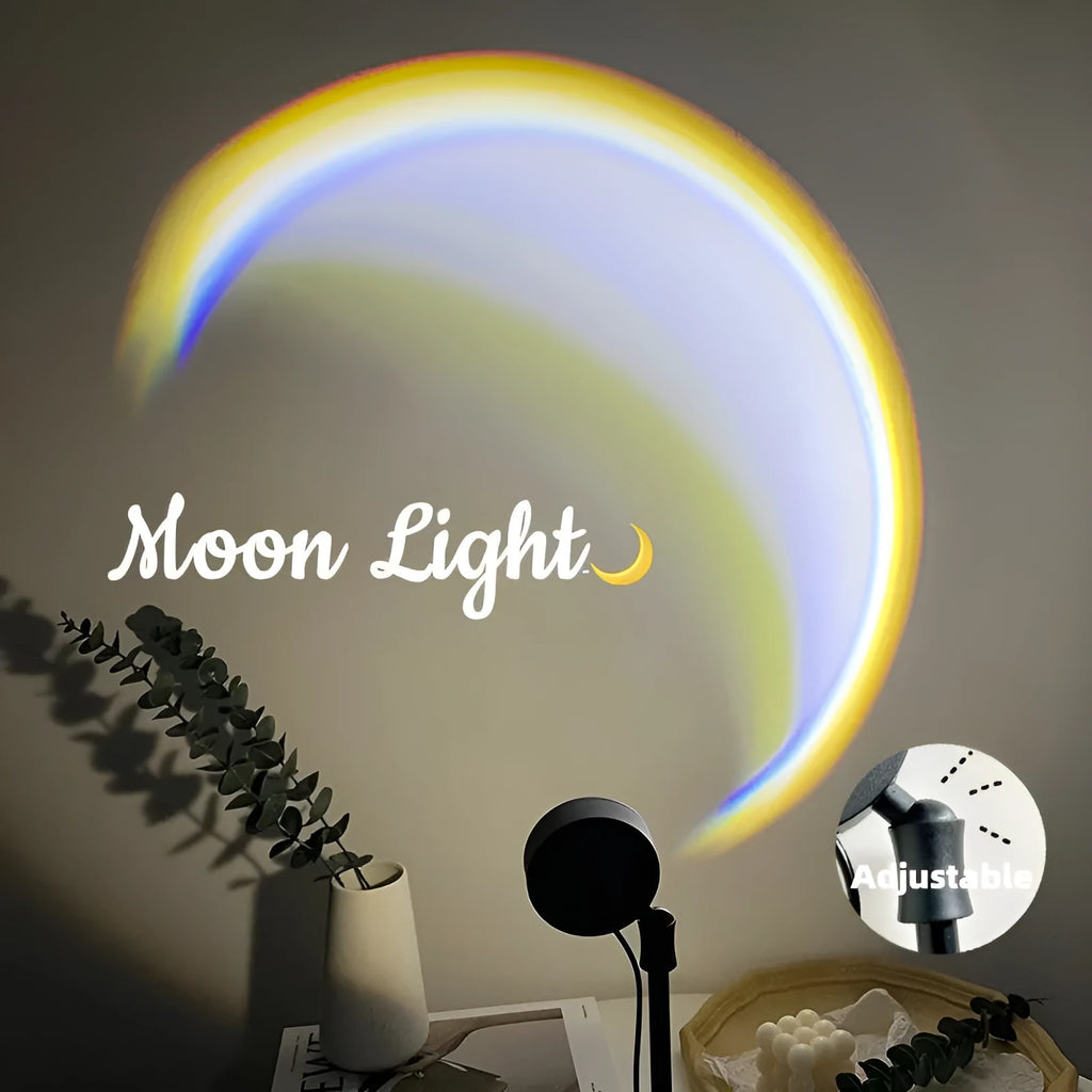 USB-powered moon projector lamp with Scandinavian design projecting rainbow pattern on wall