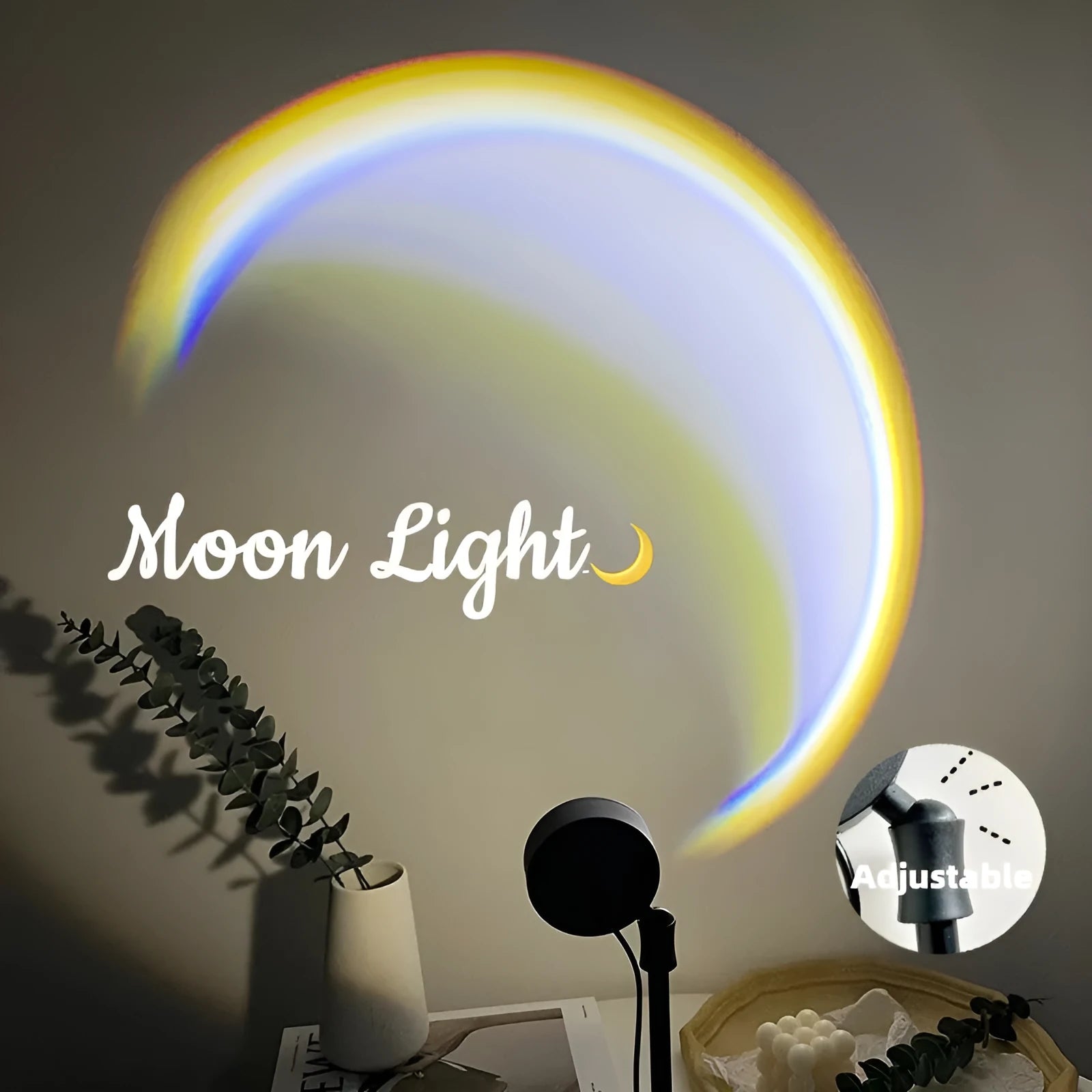 USB-powered moon projector lamp with Scandinavian design projecting rainbow pattern on wall