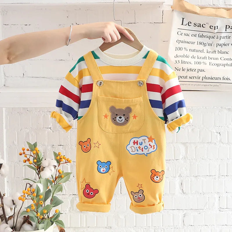 Boys' plaid cotton overalls suit with shirt and strap trousers in yellow colour
