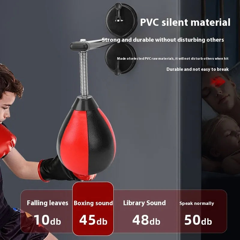 Pear-shaped inflatable hanging boxing ball with double suction cup mount, shown with pump and handle.