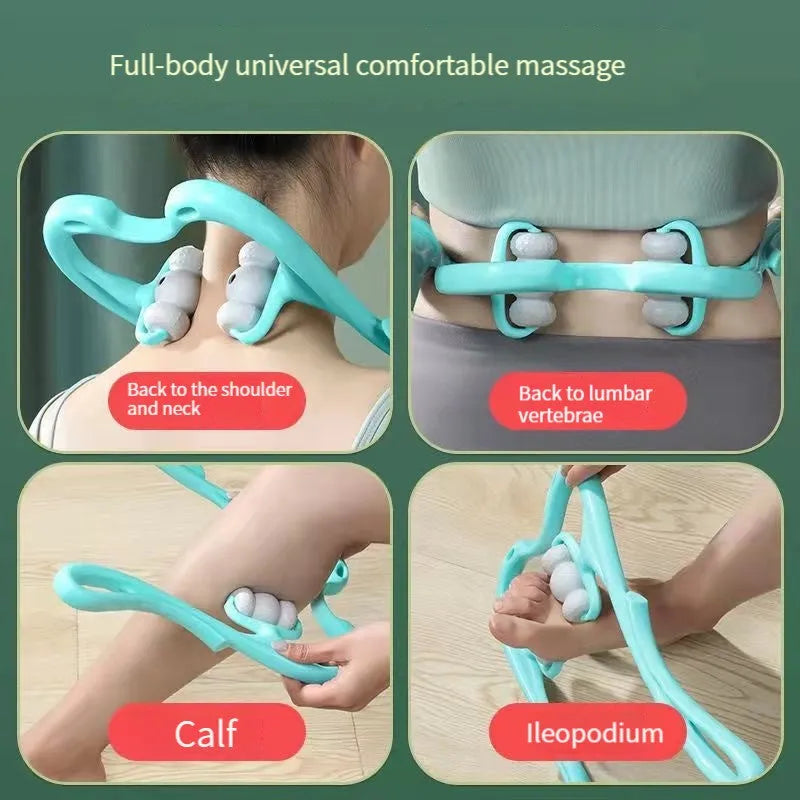 Blue handheld neck massager roller with 96 pressure nodes on a rotating head.