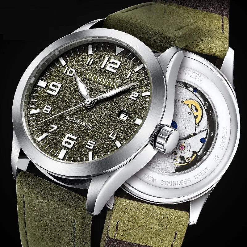 Men's automatic mechanical watch with leather strap on wrist, showing business casual retro style.