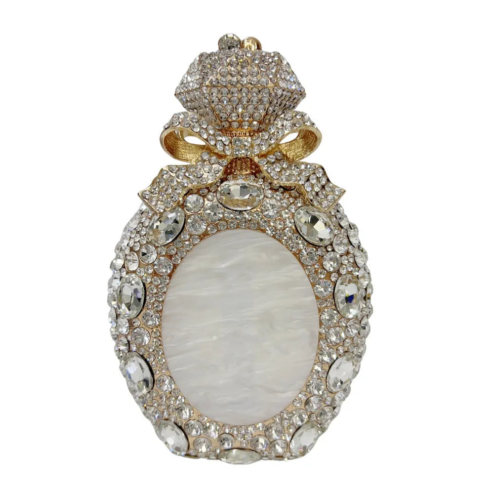Women's hard alloy clutch with full diamond cover in golden colour with three-dimensional pocket