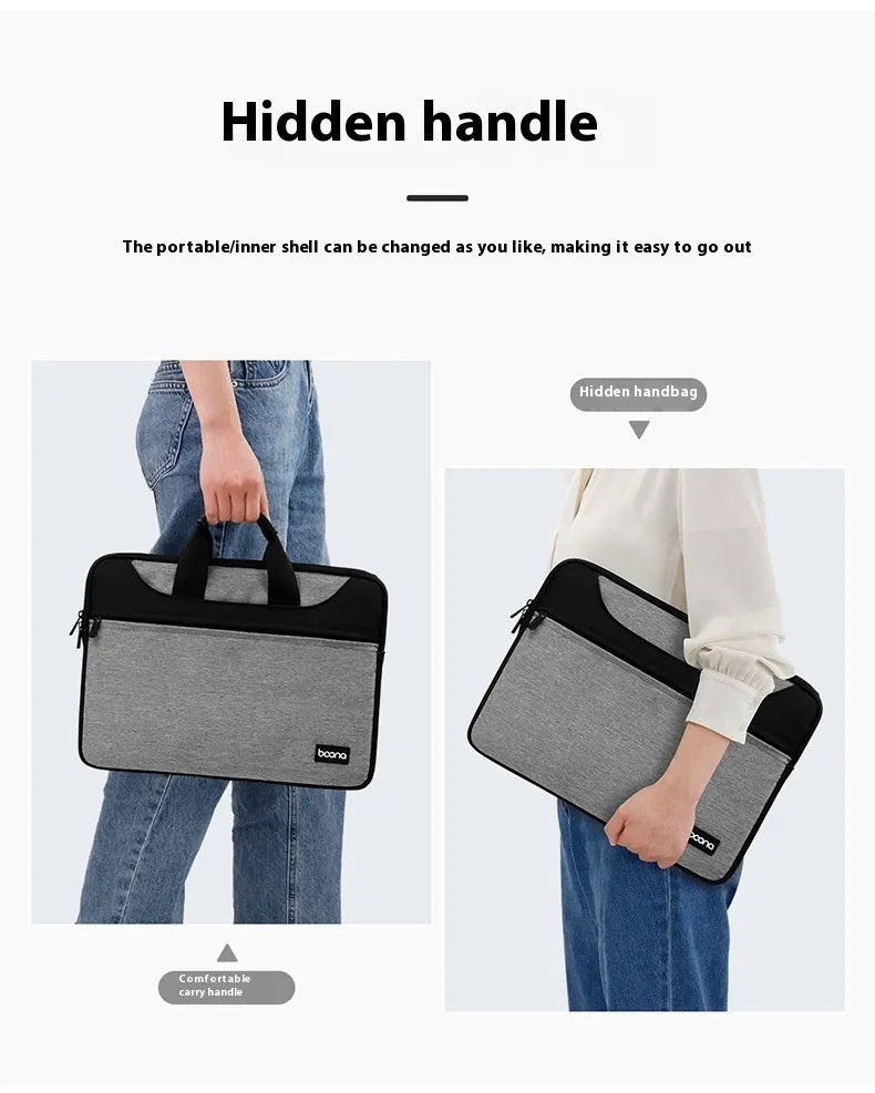 Black Oxford cloth laptop bag with soft carry handle showing laptop compartment and business travel use