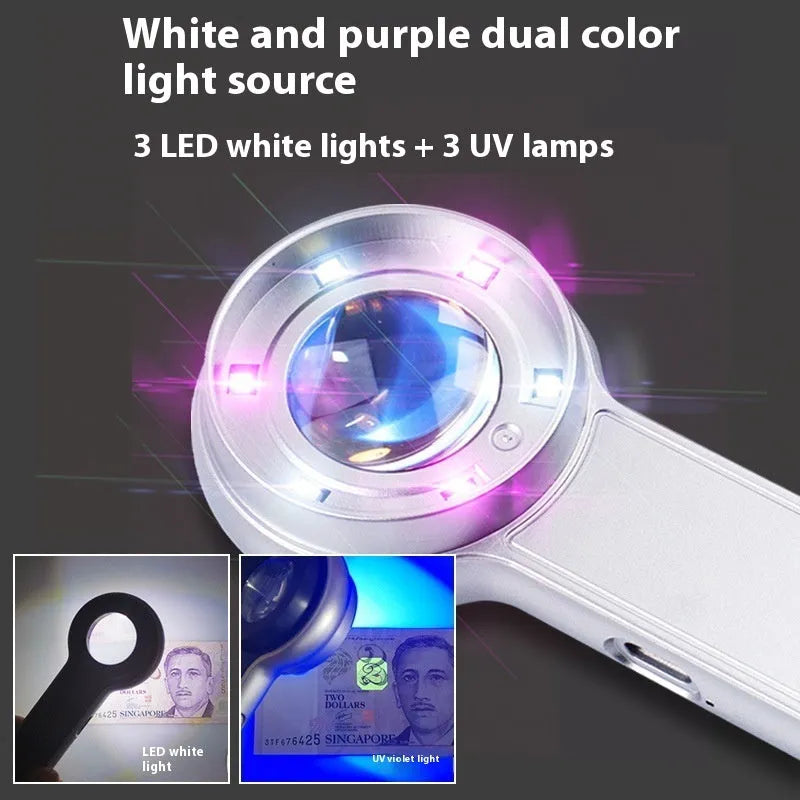 60x HD LED magnifying glass with USB charging in silver, showing illuminated lens and compact handheld design