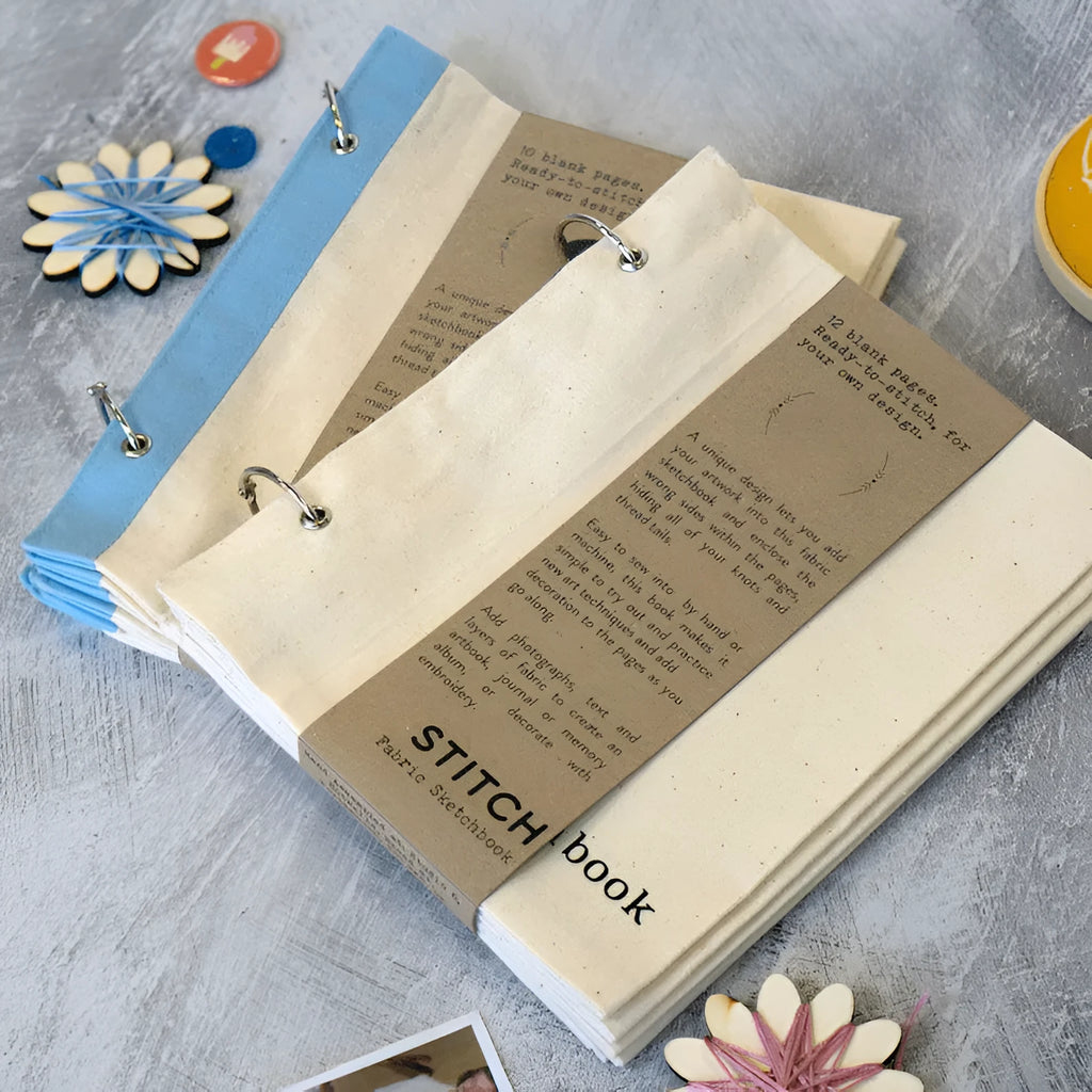 Blank fabric painting sketchbook with linen stitch cover in creamy white, square shape, 17.6cm x 12.5cm