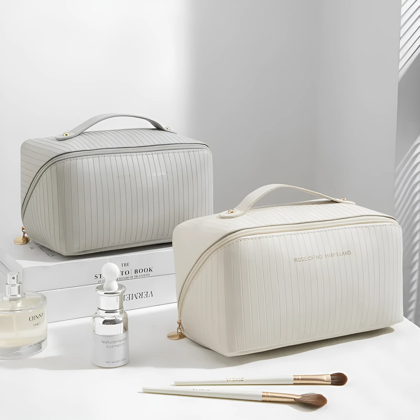 Vertical pattern cubic PU makeup bag in beige, showing large capacity for travel storage.