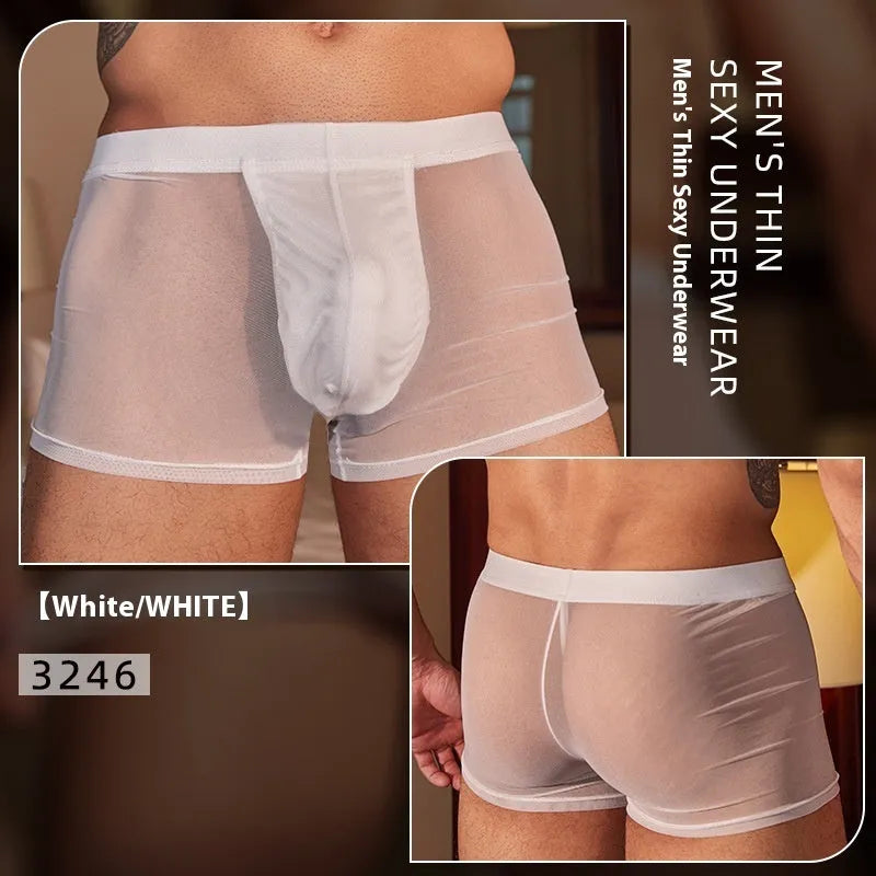 A pair of men's black ultra-thin nylon boxer briefs laid flat, showing the free size fit.