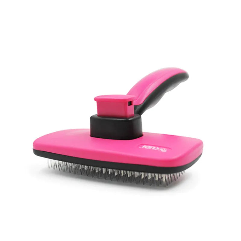 Rose red pet grooming comb with stainless steel teeth on white background